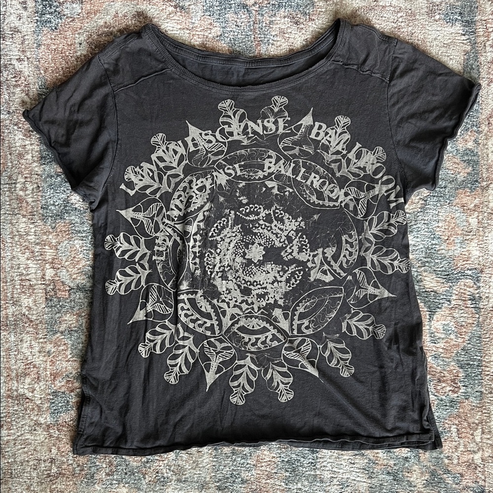 We The Free Washed-Out Black Scoop Neck Tee with Gray Floral Mandala
